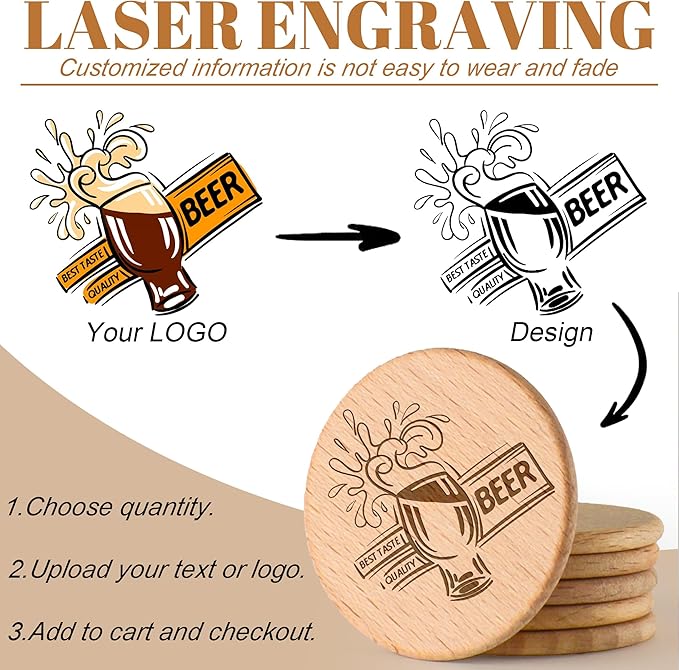 30-1000 Custom Wooden Tokens, 1.5 Inch Personalized Drink Tokens, Engraved with Your Logo/Text or Image on a Wood Chip, Good for Bar, Party, Weddings, Corporate Events, Promotions