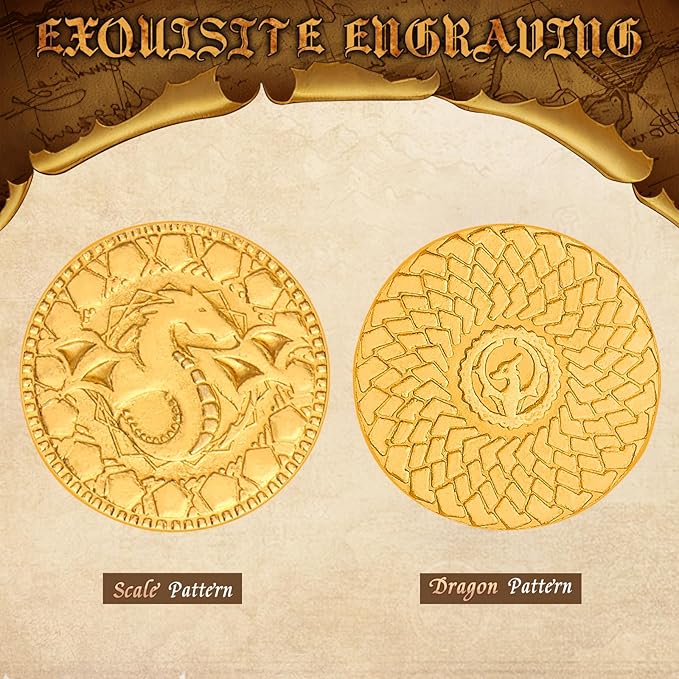 50 PCS DND Fantasy Metal Gold Coins & Leather Pouch for Dungeons & Dragons Novelty Tabletop RPG Board Games Tokens Treasure Coins for Party Tablelap Games Accessories Addons Medieval Game