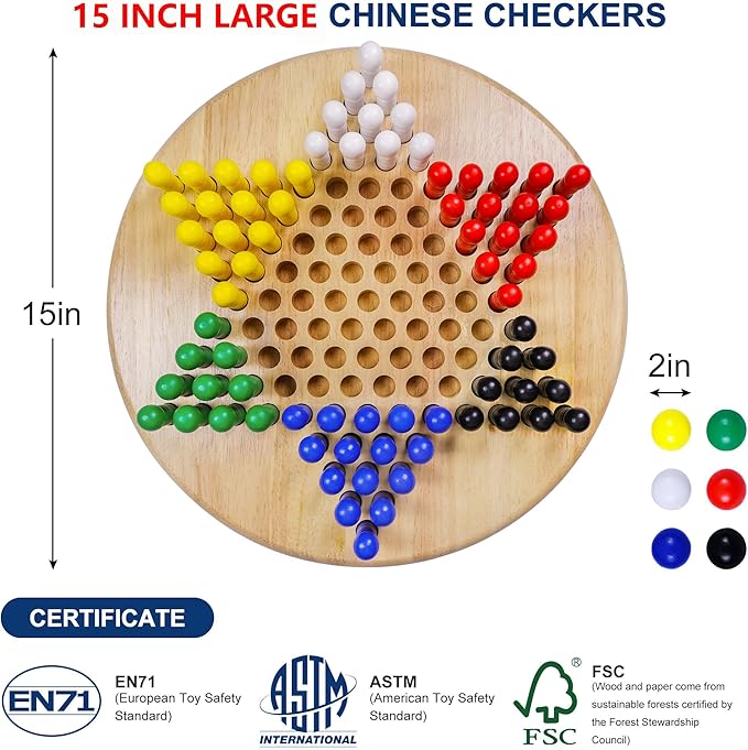 Large 15" Wooden Chinese Checkers Board Game – Classic Strategy Game with 75 Wooden Pegs (6 Colors), 2-6 Players (10 Pegs Each) or 2-3 Players (15 Pegs Each) – Fun Family Game for Kids, Adults