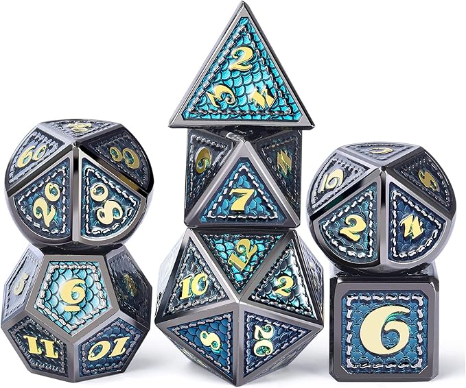 DNDND Metal Dice, 7 PCS Dragon Scale Metallic DND Die with Gift Metal Case for Dungeons & Dragons D&D (Teal with Black Edge)