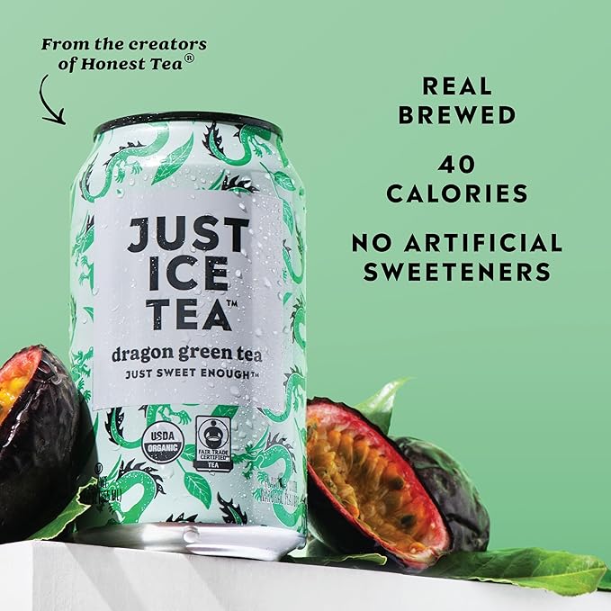Just Ice Tea, Dragon Green Iced Tea, 24-Pack (12oz Cans), Green Tea, USDA Certified Organic, Real Brewed, Low Calorie, No Artificial Sweeteners, Fair Trade, Made in USA.