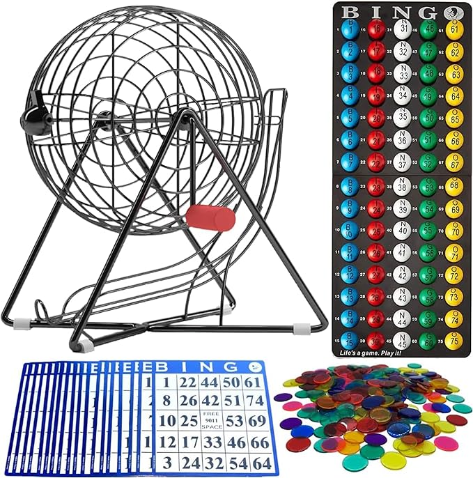 MR CHIPS 11" (Inch) Tall Professional Bingo Set with Steel Cage, Everlasting 7/8” Balls, 18 Cards and 300 Chips - Mysterious Black Color