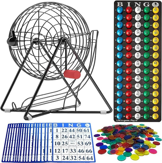 MR CHIPS 11" (Inch) Tall Professional Bingo Set with Steel Cage, Everlasting 7/8” Balls, 18 Cards and 300 Chips - Mysterious Black Color