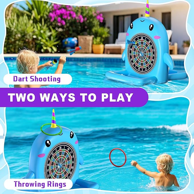 Swimming Pool Toys, 2-in-1 Inflatable Floating Dart Board Water Game, Darts Hoop Rings Outdoor Pool Games, Beach Yard Indoor Playset, Summer Family Party Birthday Gift for Kids Teen and Adults