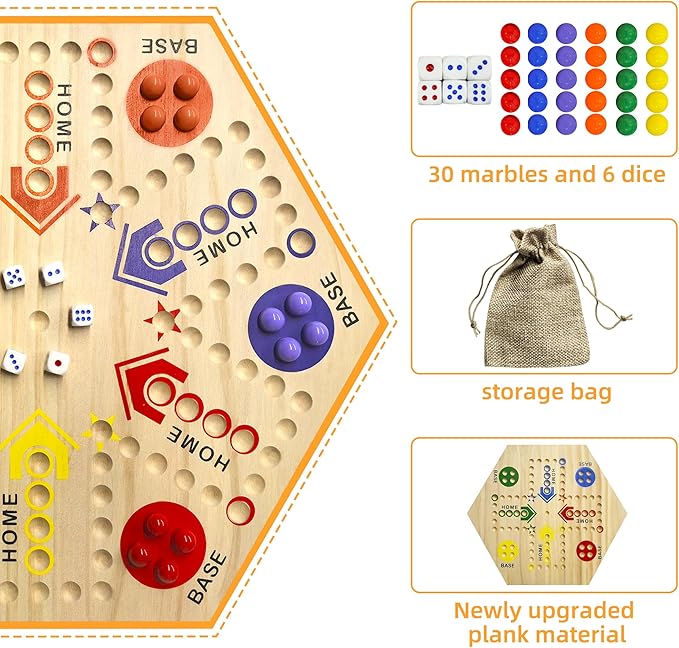 Wooden Board Game, Board Game Original Marble Game Double Sided Painted 2 to 6 Player Fast Track Board Game Wooden with 6 Colors 24 Marbles 6 Dice for Adults Kids Family(15 INCH)