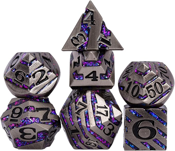 DND Metal Stripe Dice Set,7 PCS Polyhedral RPG Dice Set with Gift Case for Dungeons and Dragons (Antique Nickel Purple)