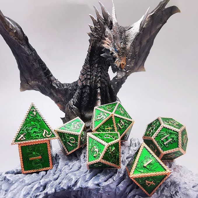 HAOMEJA Dragon Metal Dice DND 7 Set Role Playing Dice D&D Dungeons and Dragons Red Copper Green Zinc Alloy Polyhedral