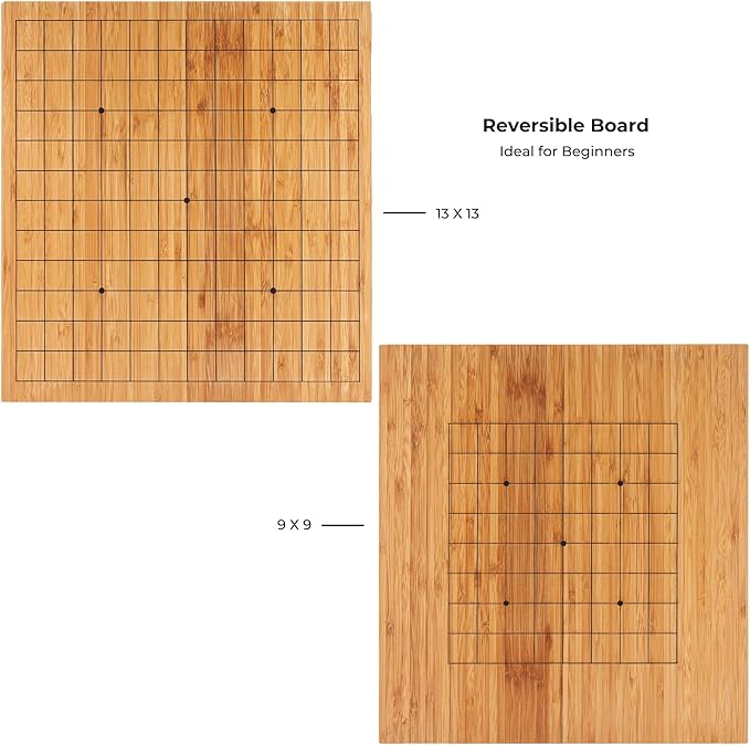 Beginner’s Go Game Set with Reversible Bamboo 13 x 13/9 x 9 Grid Go Board, Bowls, & Single Convex Melamine Stones
