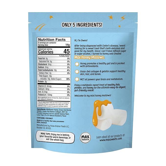 Max Mallow Bold Blueberry Mini HONEY Marshmallows – Gut Friendly, Gluten Free, No Refined Sugars, Real Wildflower Honey, Collagen-Infused Snack (3 Pack, Bold Blueberry)