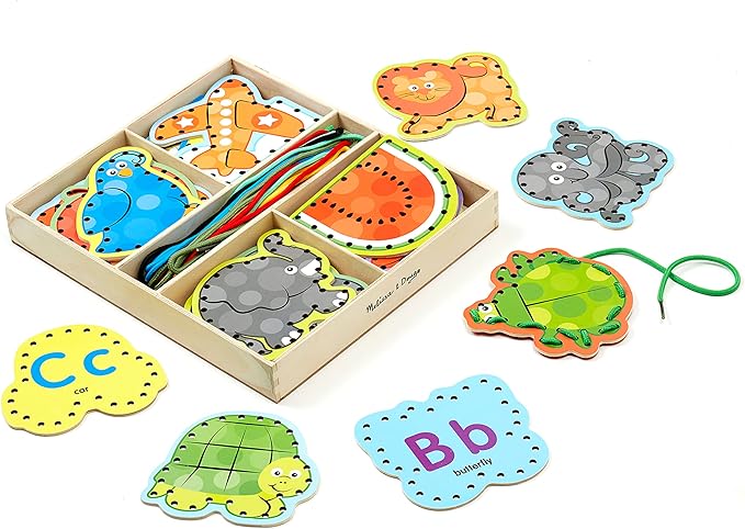 Melissa & Doug Alphabet Wooden Lacing Cards With Double-Sided Panels and Matching Laces Fine Motor Skills Threading Cards, Sewing For Preschoolers And Kids Ages 3+