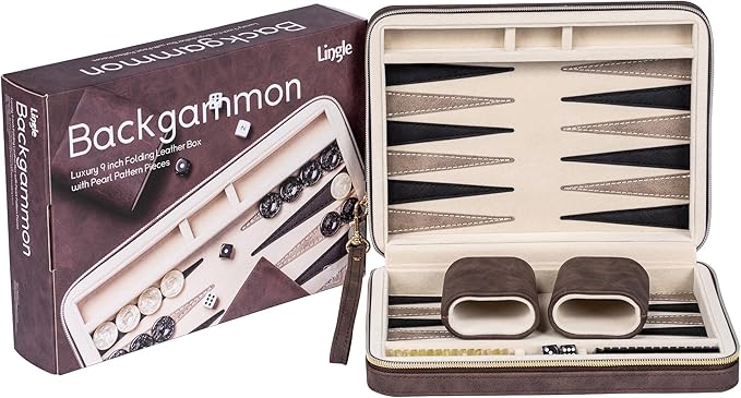Backgammon Sets for Adults, Classic Board Game with Folding Leather Backgammon Case, Portable Travel Backgammon Game Set (Brown)