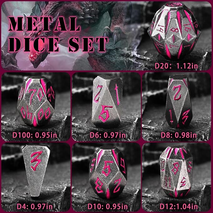 DND Metal Dice Set, ZHOORQI 7 Pcs Polyhedral Dice, Perfect for Dungeons and Dragons, RPG Role Playing Games - Unique Cool Dice with Stonehenge Themed Design for Game Gifts（Black Pink）