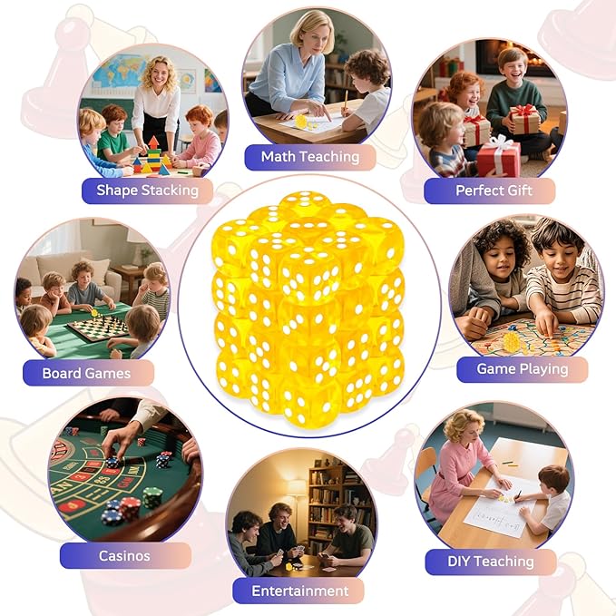 36 Pieces 12mm 6 Sided Mini Dice Set,Translucent Colors D6 Game Dice Set,6 Sided Standard Game Dice for Board Games Dice Games Classroom Teaching Dices Game,with Portable Gaming Box(Yellow)