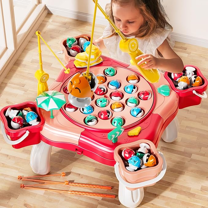 Magnetic Fishing Game Toys, Rotating Board Game with Music Including 48 Fishes and 8 Fishing Poles, Party Game Toys for Kids Age 4 5 6 7 8 and Up