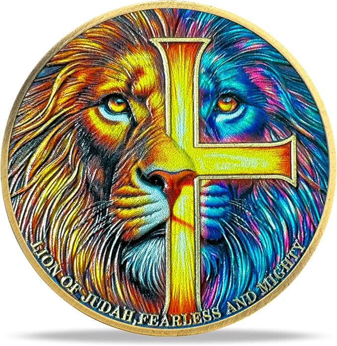 Lion Sword and Shield Challenge Coin - Inspirational Collectible, High Relief Design, Symbol of Courage and Strength, Medieval Style Classic Amulet (Colorful Cross Lion)