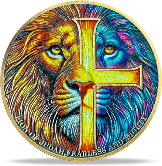 Lion Sword and Shield Challenge Coin - Inspirational Collectible, High Relief Design, Symbol of Courage and Strength, Medieval Style Classic Amulet (Colorful Cross Lion)