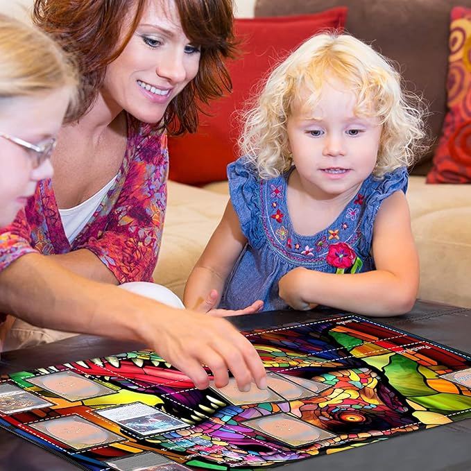 Playmat with Zones for MTG Card Game Playing, Tabletop Magic Play Mat 24"x14" Commander Deck Gaming Desk Duel Mat for Beginner, Stained Glass Retro T-Rex