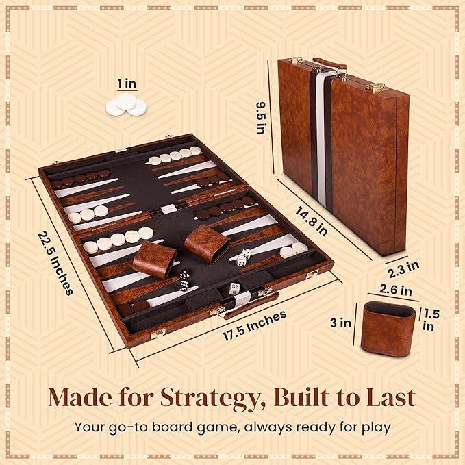 Backgammon Set 15 inch, Medium - Classic Board Game for Adults and Kids with Premium Leather Case - Includes Strategy & Tip Guide (Brown)