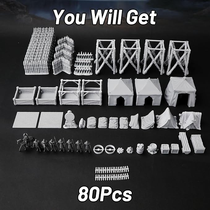 AUSPDICE AF676 Medieval Military Camp RPG Terrain Set for DND Map Building, Compatible with TTRPG Games, Modular Game Pieces with Barricades, Tents, Watchtowers, and Props