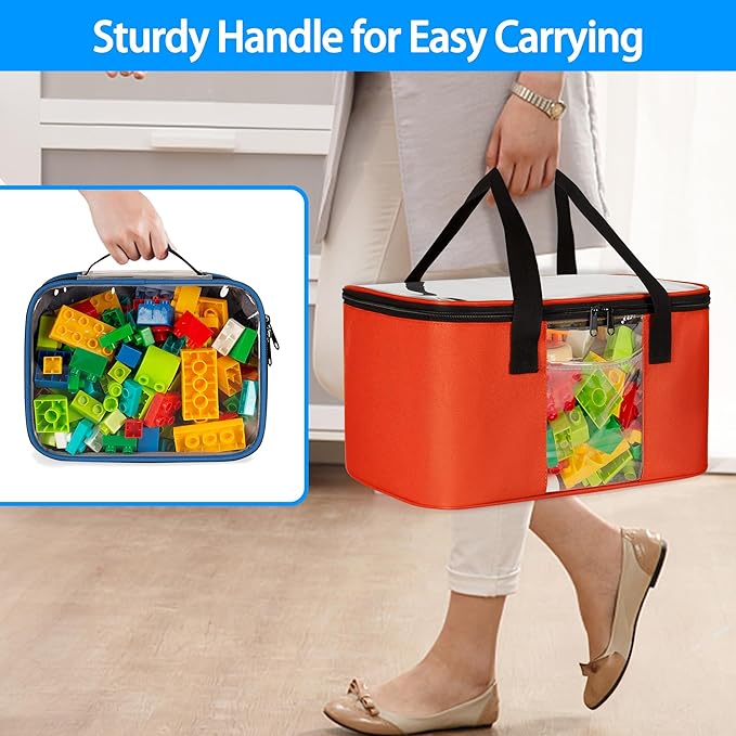 Large Toy Storage Organizer with 3 Small Zipper Bags Compatible with Lego Bricks, Travel Organizer Case for Building Blocks, Car Toy, Dolls, Crafts, Magnetic Toys, Board Game Storage Case