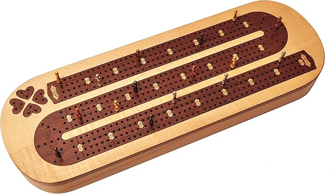 PALM ROYAL HANDICRAFTS 4 Track Wooden Cribbage Board Set Inlaid in Rosewood and Maplewood with pegs and Cards. Storage Available. 4 Player Cribbage Board (15 x 5 Inches)