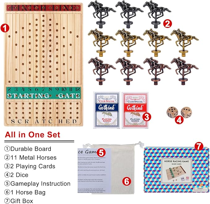 Horse Race Board Game – Thickened Wooden Chessboard with 11 Metal Horses, 2 Dice & 2 Card Decks, Family-Friendly Horse Racing Tabletop Game for Kids, Adults, Friends & Strategy Game Nights