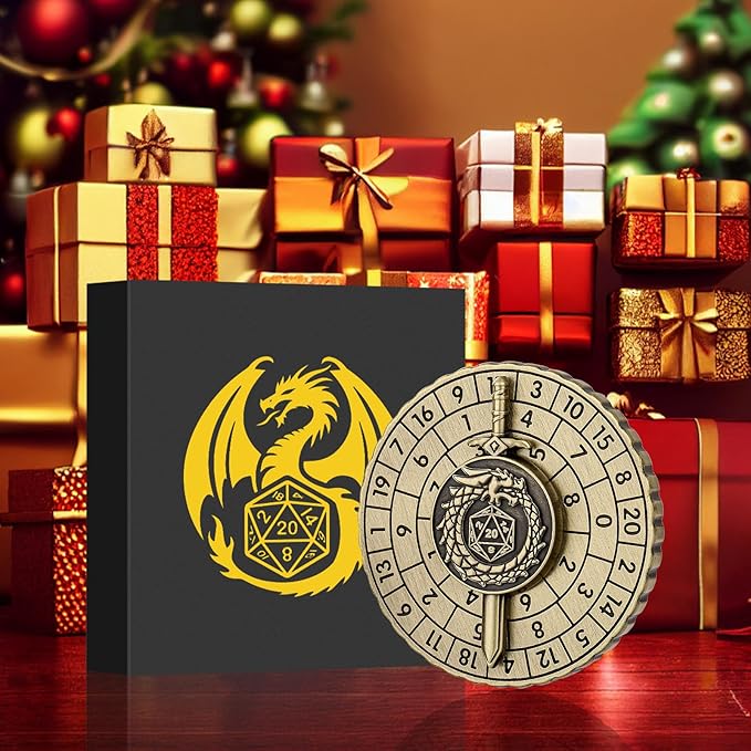 Spinner DND Dice, 7-in-1 Dragon Sword Metallic D&D Dice, Dragon Roulette Dice Spinner for DND Dice Set, DND Gifts with Gift Box, Role Playing Board Game Accessories, DND Dice Set Gifts, Bronze