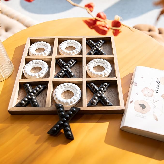 GENMOUS Wooden Tic Tac Toe Game Board for Kids Seniors Family Indoor Game, 10.6 Inch Rustic Giant Tic Tac Toe Coffee Table Decor, Fun for Family Travel Outdoor Game Room Decor