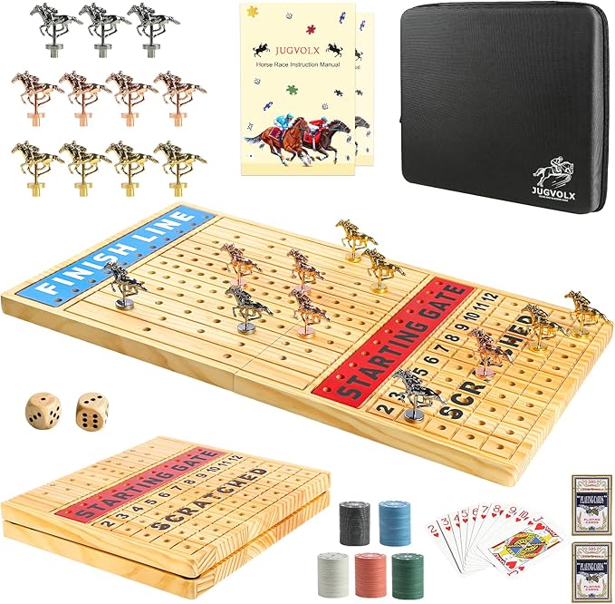 Horse Race Board Game 21" Large Horse Racing Game with 11 Luxury Metal Horses, Foldable Wood Chess Board with Storage Bag, 2 Wood Dice, Chips Set, Playing Guide for Family Friends Party Games