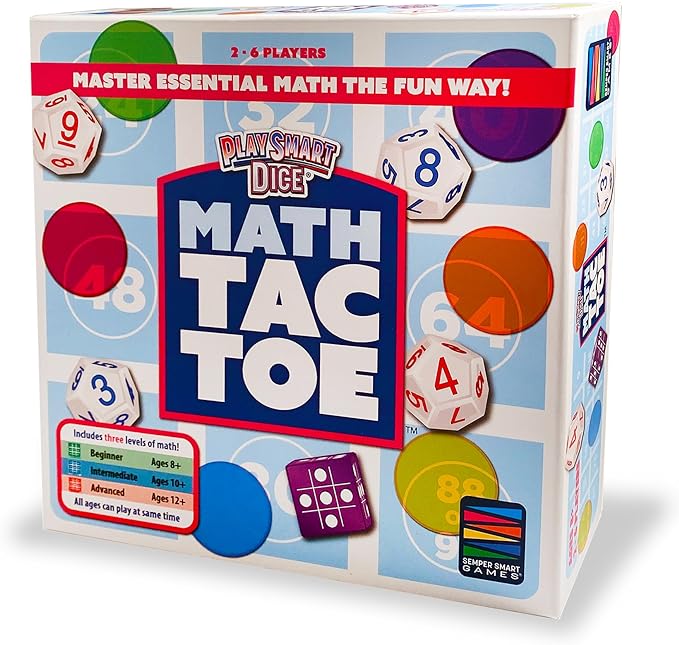 PlaySmart Dice Math-Tac-Toe Math Game: Get Sharp on Mental Math with a Fun New Twist on a Timeless Classic! Multiple Skill-leveled Math Bingo Made Fun for 8 and up!