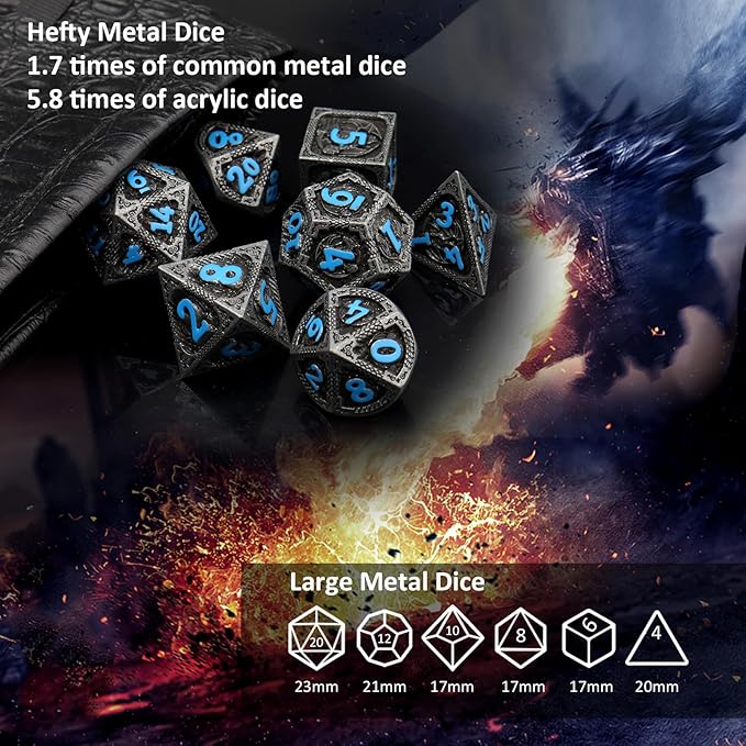 Haxtec Metal DND Dice Set Black Blue Dragon D&D Dice Set with Leather Dice Bag Metal Polyhedral Dice for Dungeons and Dragons Gifts TTRPG Dice