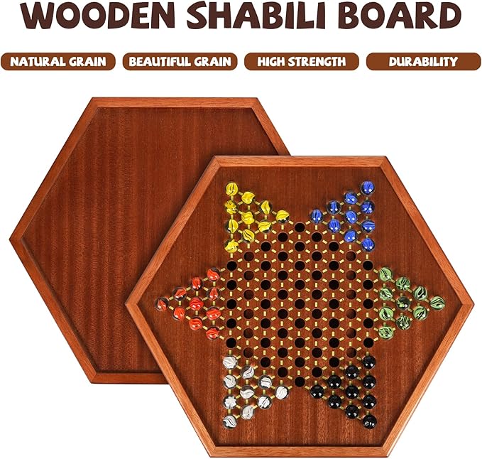 Luxurious Large 15-Inch Chinese Checkers Set - Premium Wooden Board Game for Adults and Kids with 72 Vibrant Glass Marbles, Dual-Sided Storage Drawer - Perfect for Family Strategic Game Fun Collectors