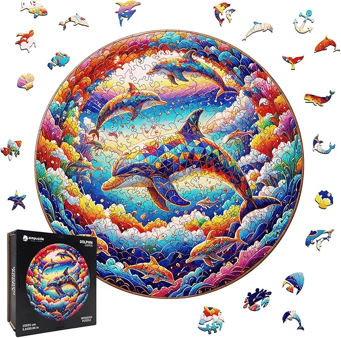 Wooden Puzzle for Adults – Unique Dolphin-Shaped Jigsaw, Colorful Ocean Animal Design Brain Teaser for Kid & Teen, 220 Pieces, 10"x10", Ships as Whole Puzzle Board, Gift-Ready Box, Fun Family Game