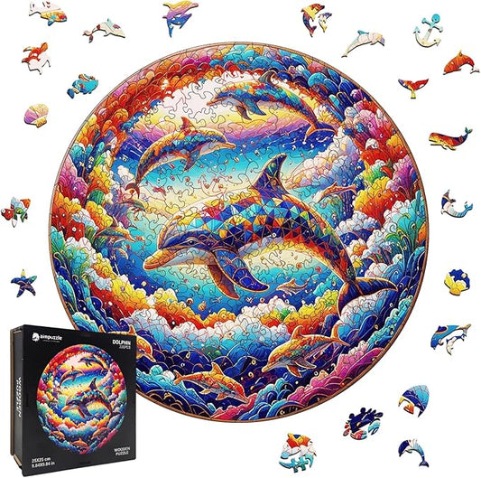 Wooden Puzzle for Adults – Unique Dolphin-Shaped Jigsaw, Colorful Ocean Animal Design Brain Teaser for Kid & Teen, 220 Pieces, 10"x10", Ships as Whole Puzzle Board, Gift-Ready Box, Fun Family Game