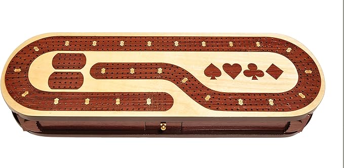 PALM ROYAL HANDICRAFTS 4 Track Wooden Cribbage Board Set Inlaid in Rose Wood and Maple Wood with pegs and Cards. Storage Available. 4 Player Cribbage Board (15 x 5 Inches)