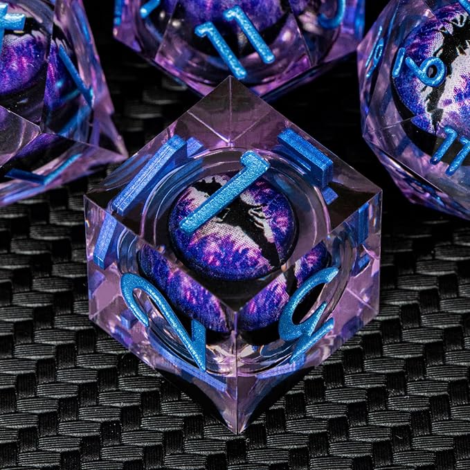 ARUOHHA DND Resin Dice Dragon Eye Dice Liquid Core Purple Sharp Edged Dice Set with Gift Box, Polyhedral D and D Dice Set Compatible with Dungeons Dragons Role Playing Game D20 D12 D10 D8 D6