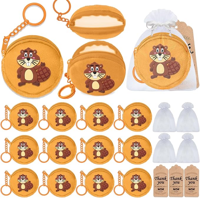 36 Pack Beaver Change Purses Set Include 12 Wallets with Keyring, 12 Thank You Tags and 12 Organza Bags for Safari, Jungle Baby Shower,Wild ONE First Birthday, Castor Decoration,Khaki