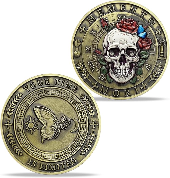 Memento Mori Coin Momento Mori Coin Skull Coin Stoic Gifts Memento Mori Calendar Living Memento Mori Amor Fati Coin (Moth Rose Skull)