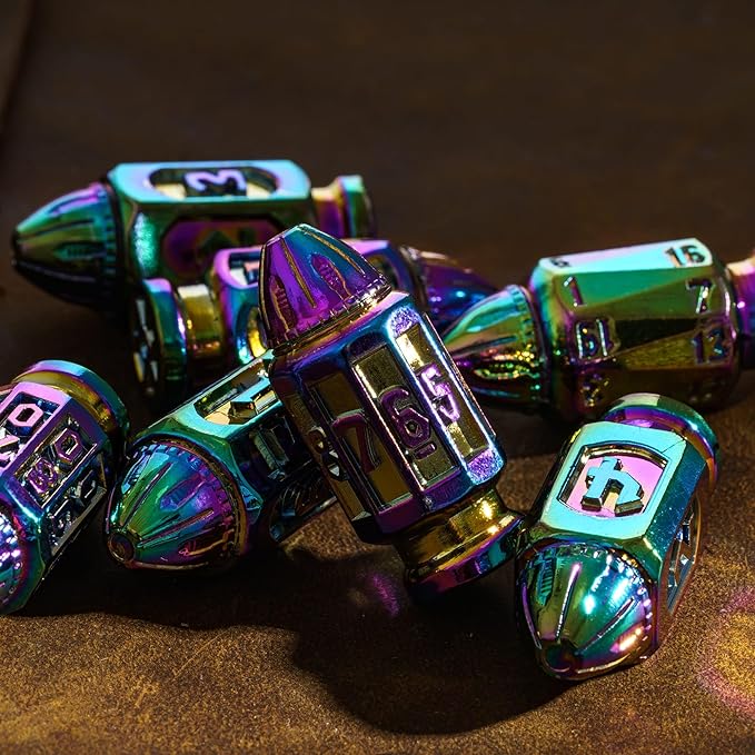 UDIXI Metal DND Bullet Dice Set with Unique Container, 7-Die Polyhedral Dice Set Cool Style for D&D, Role Playing Game or Other Tabletop Games（Colorful）
