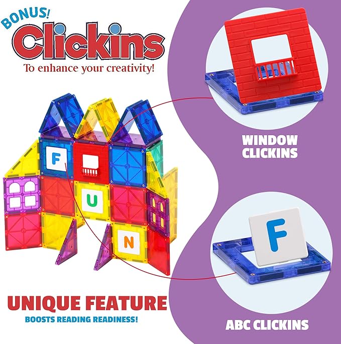 Playmags Magnetic Tile Building Set: Exclusive Educational Clickins 36-Pc. Kit: 18 Super Strong Clear Color Magnet Tiles Windows & 18 Letters & Numbers Stimulate Creativity & Brain Development