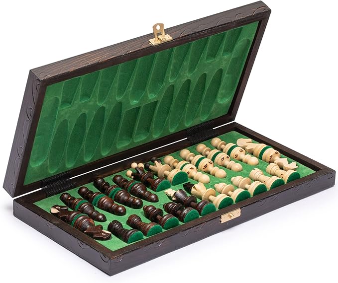 Husaria European International Wooden Chess Game Set Regal - 13.8 Inches Medium Size Chess Set with Handcrafted Chessmen and Felted Folding Board