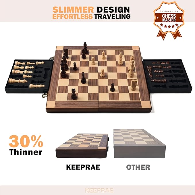 15” Magnetic Wooden Chess Set with Removable Chess Piece Case, KEEPRAE Folding Travel Chess Board Game for Adults & Kids, Tournament & Beginner