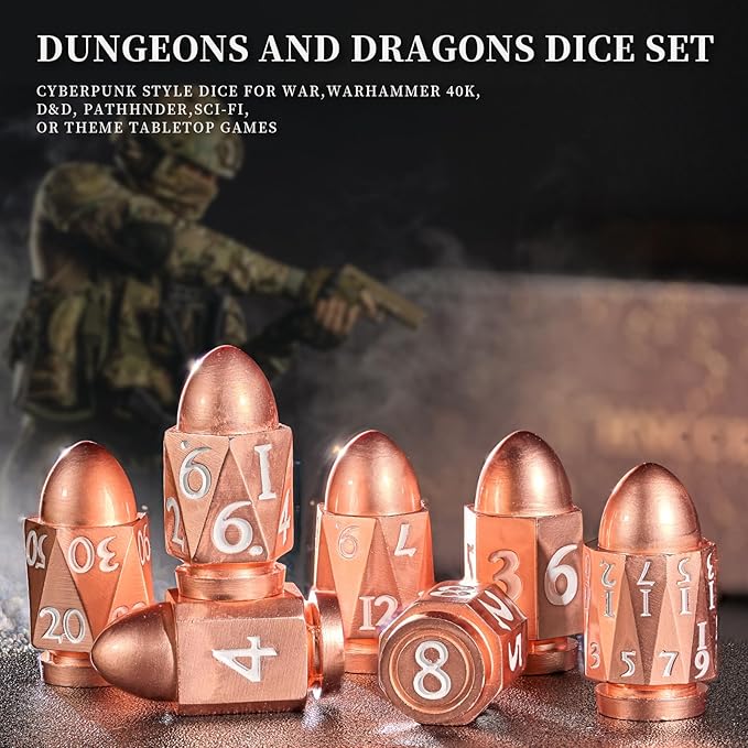 Bullet Dice for Dungeons and Dragons, Heavy Metal Dice Set D&D Polyhedral D and D Dice for Role Playing Game for Sci-Fi Warhammer40k War Crime (Rose Gold WhiteNumber)