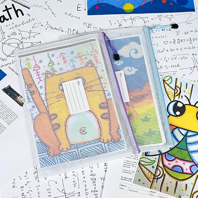 AUSTARK Plastic Mesh Zipper Pouch, 12 Pcs Zipper File Bags with Label Pocket, Game Boards Storage Bags, Waterproof Document Storage Bags for Office Home Travel Cosmetic (A4 Size 13.4 x 9.4 in)