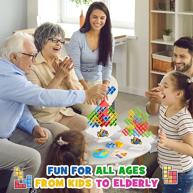 WOWNOVA 64PCS Deluxe Tetra Tower Game for Family Game Night, Balance Stacking Blocks Tower Board Game for Fun Party Games, Stacking Game for Kids & Adults, with Prize Wheel&Cute Clear Storage Box