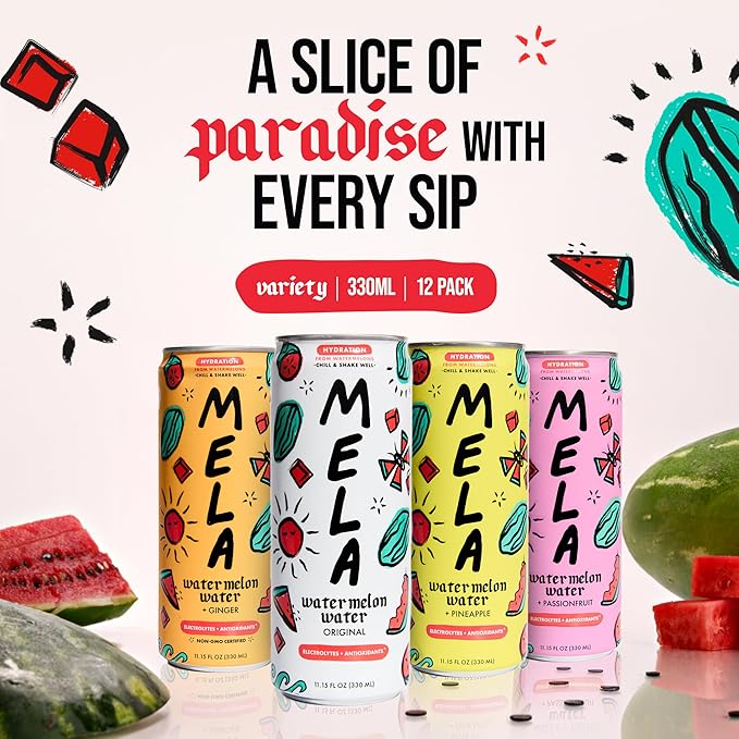 Mela Watermelon Water - Hydrating Juice Drink w/Vitamin C, Electrolytes & Antioxidants - Non-GMO, Gluten-Free, Real Fruit Juice (Variety, 11.15 fl oz, 12-Pack)