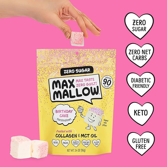 Max Mallow Sugar Free Marshmallows - Keto Friendly, Perfect for S'mores, Hot Chocolate, and Baking with Zero Sugar Snacks, Smores Mct Oil Zero Sugar Marshmellow Marshmallow Birthday Cake, 3 Pack