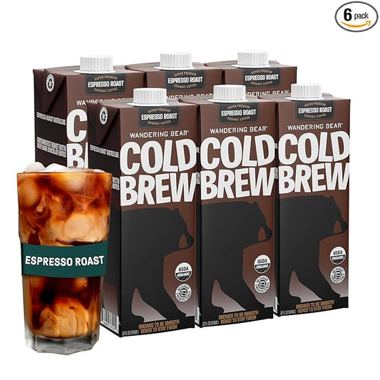 Wandering Bear Espresso Roast Organic Cold Brew Coffee, 32 fl oz, 6 pack - Extra Strong, Bold, Smooth, Unsweetened, Shelf-Stable, Ready to Drink, 100% Organic, Iced Cold Brewed Coffee Drinks