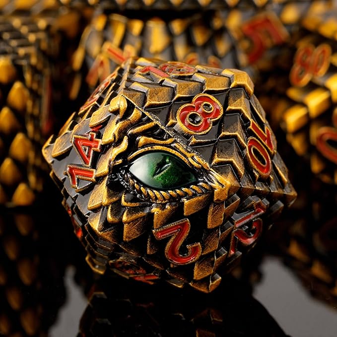 Metal Dice Set D&D,7 PCS Dragon Scale Metallic DND Dice Set,Dragon Eye Metal Dice with Gift Metal Box for Dungeons and Dragon Tabletop Game (Yellow Dragon Scale & Green Eye)