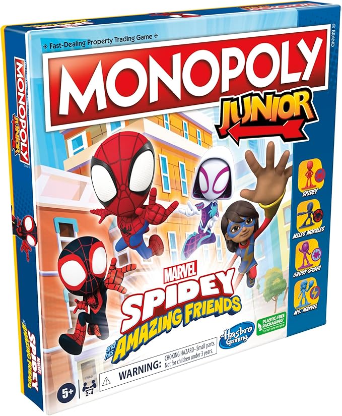 Monopoly Junior: Marvel Spidey and His Amazing Friends Edition Board Game for Kids Ages 5+, with Artwork from The Animated Series, Kids Board Games (Amazon Exclusive)